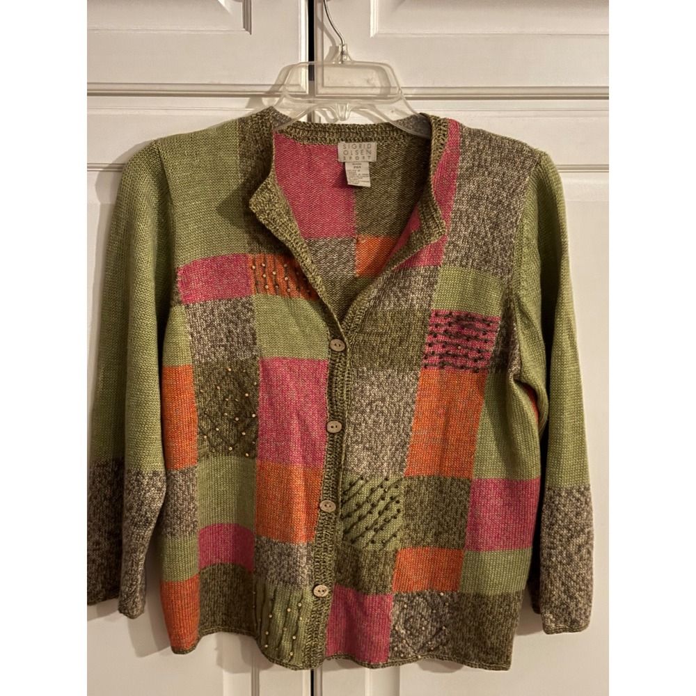 Sigrid Olsen Sport Women Petite PM Patchwork Linen Blend Beaded Cardigan Sweater